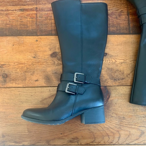 NATURALIZER DALE BLACK LEATHER RIDING BOOTS SIDE ZIPPER BLOCK HEEL WIDE CALF - Picture 2 of 9